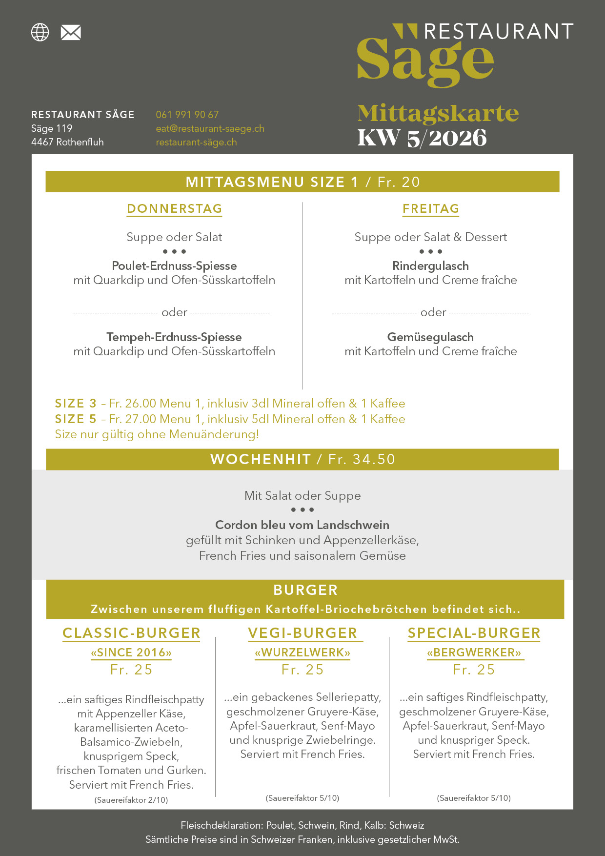 Menü 2 restaurant saege mittagskarte KW5 2026