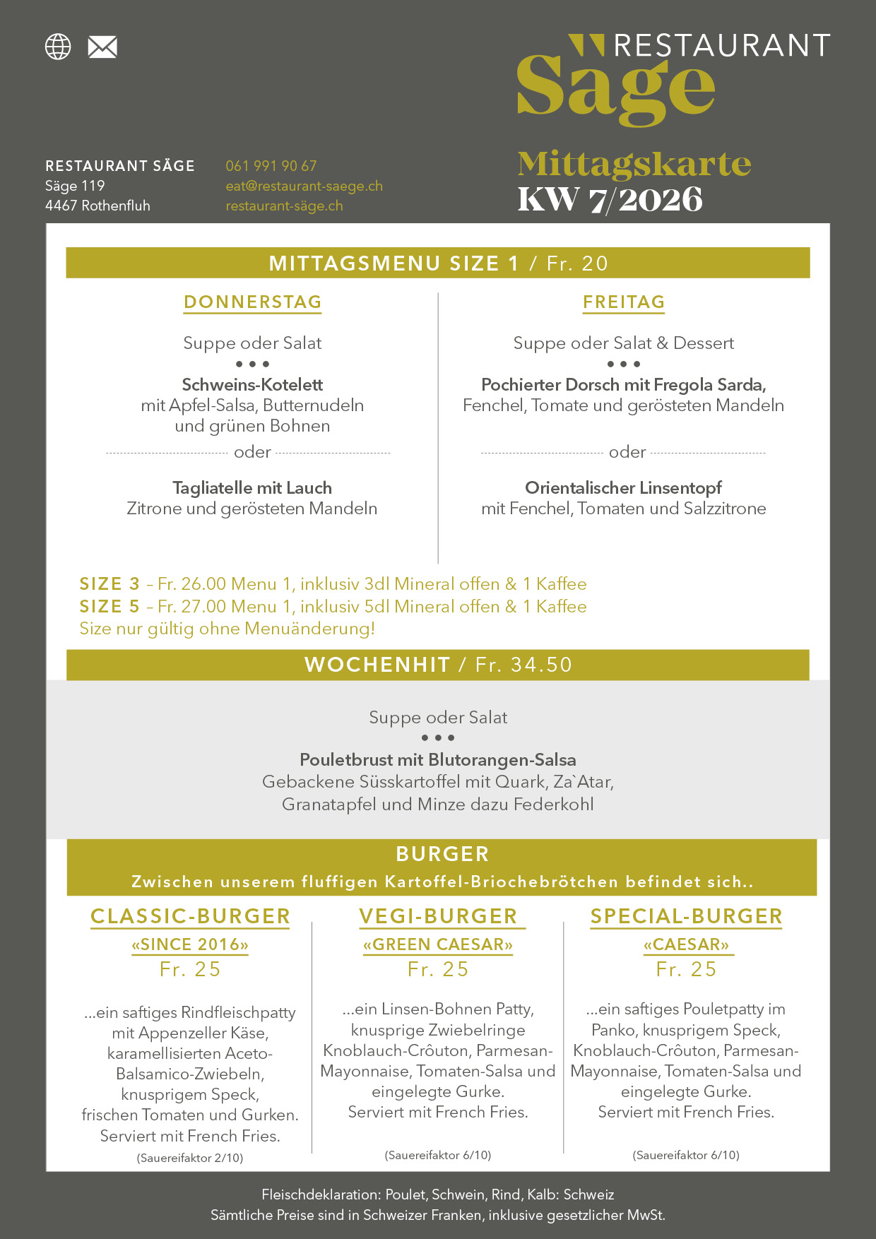 Menü 2 restaurant saege mittagskarte KW7 2026