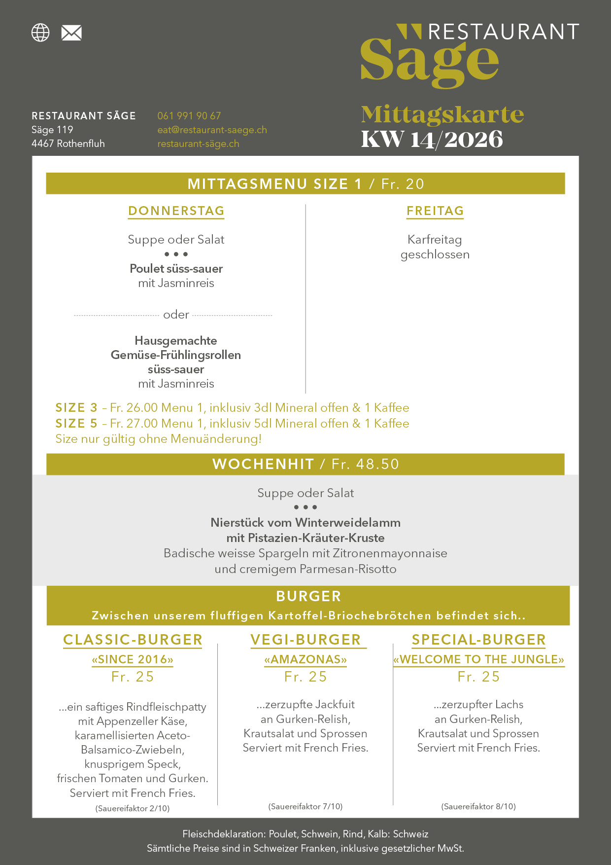 Menü 2 restaurant saege mittagskarte KW14 2026